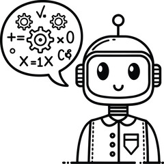 Cartoon robot with a speech bubble containing gears and mathematical symbols in a black and white line drawing
