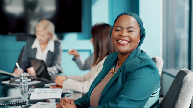 Portrait, woman and lawyer in boardroom with smile for legal aid, labor law and legislation advice. Confident, female person and team in workplace for advocacy meeting, employment rights or about us.