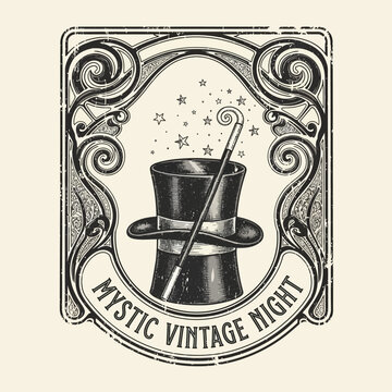 Vintage engraving style illustration of a magicians top hat and wand.