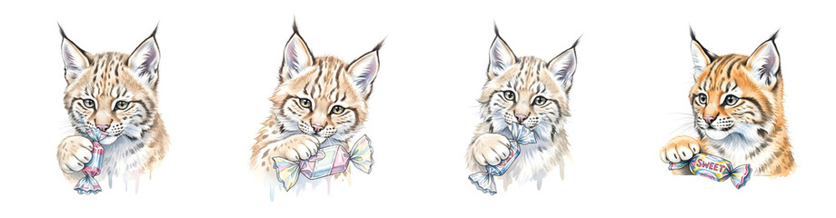Four Lynx Cubs Holding And Chewing Wrapped Candy Pieces On A Transparent Background Transparent Background