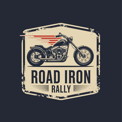 Vintage Motorcycle Emblem with Road Iron Rally Text and Speed Lines.