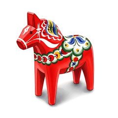 Colorful Wooden Dala Horse Figurine, Swedish Folk Art, Isolated on White Background, High-Quality Illustration