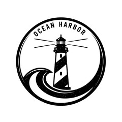 Vintage Ocean Harbor Lighthouse Emblem with Wave.