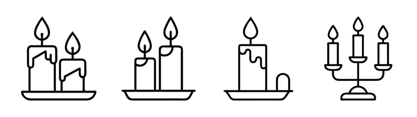 Candle icon set with candelabra, single candle, and pair of candles