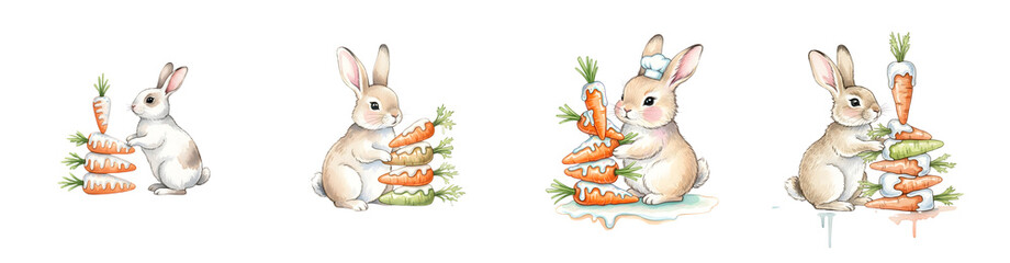Four cute bunnies interacting with stacks of carrots isolated on bunny