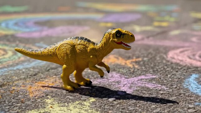 yellow dinosaur - A bright yellow toy dinosaur dashes across a colorful chalk-drawn surface, surrounded by vibrant rainbows and whimsical shapes, capturing a playful, childlike essence