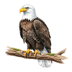 Bald Eagle Perched on Branch, Wildlife Illustration, Nature Scene, High Quality Clipart
