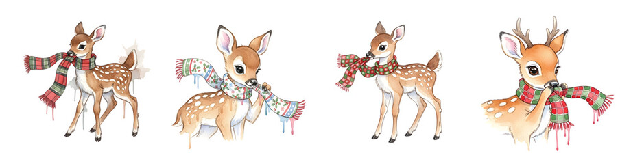 Four watercolor fawn illustrations wearing festive scarves isolated with