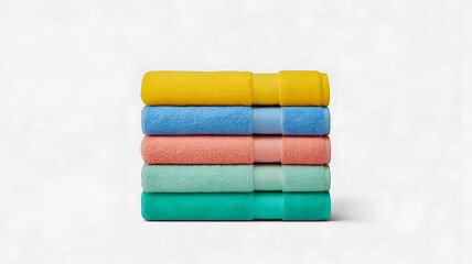 stack of colorful folded towels on white background representing cleaning supplies fabric textiles and household essentials
