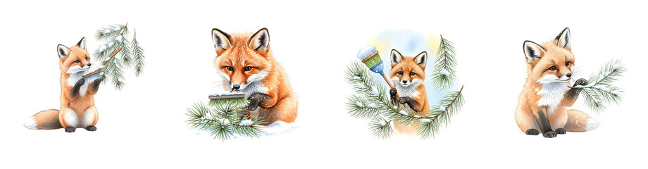 Four charming foxes in winter settings with pine branches and snow isolate