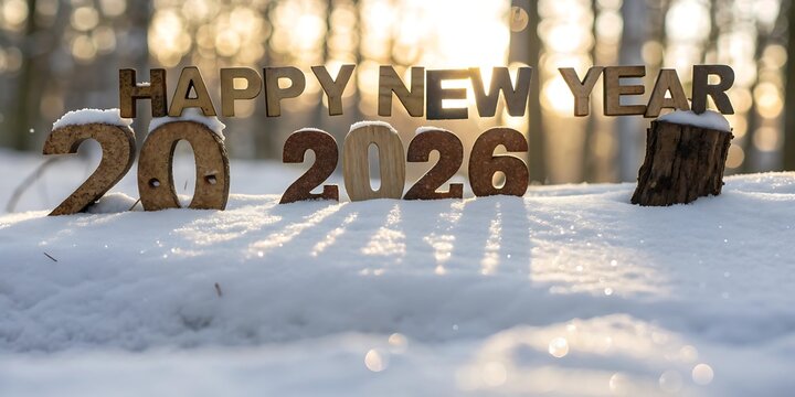 Wooden happy new year 2026 numbers and text displayed outdoors in a snowy forest with warm sunlight filtering through the trees