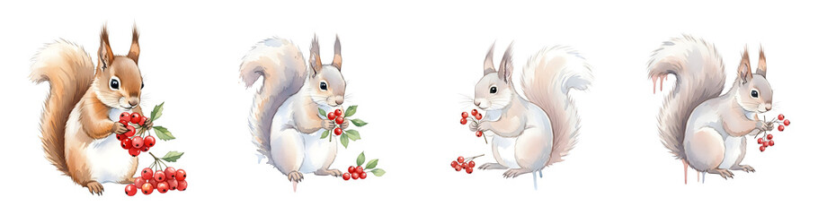 Four watercolor squirrels two brown two white holding red berries isolate