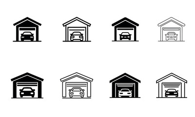Car garage icon set in minimal black and white outline style
