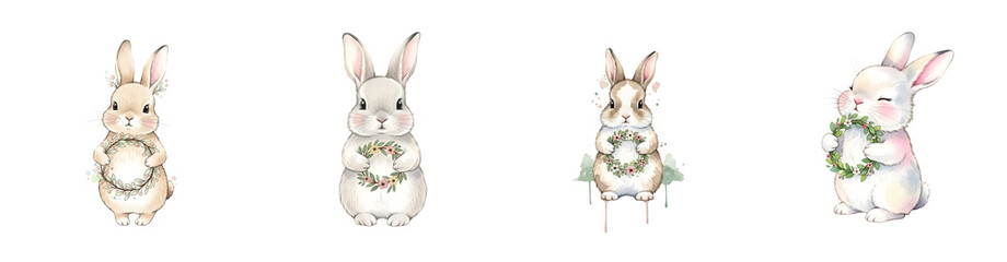 Four charming rabbits holding floral wreaths with watercolor accents isolated on black transparent background