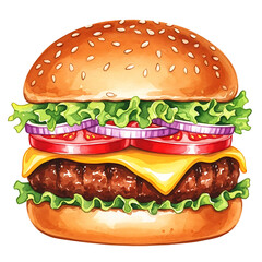 Juicy American Cheeseburger Watercolor Painting Clipart Isolated on White Background