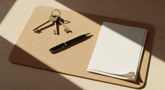 Old keys with blank papers and pen on cork surface in sunlight
