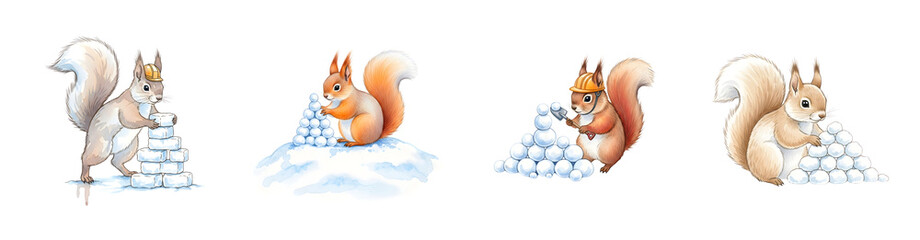 Four squirrels building with snowballs and ice blocks wearing hard hats isolate