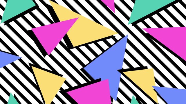 Seamless memphis pattern loop animation. Seamless memphis pattern with colorful triangles and black white stripes. Ideal for backgrounds, stationery, packaging, textiles, and digital designs.