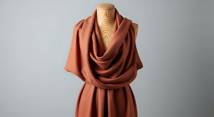 Elegance redefined terracotta draped fabric on mannequin showcasing flowy texture for apparel design inspiration or fashion retail display, warm earthy tones