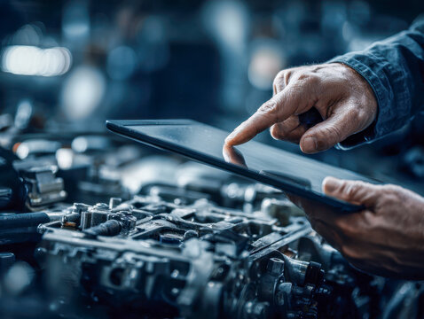Technician using digital tablet to inspect and diagnose engine components in an automotive repair workshop environment with focus on hands and technology integration