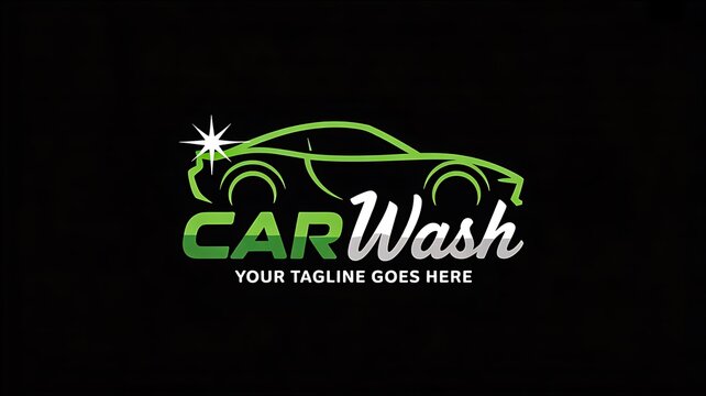 modern car wash logo with green outline sports car and sparkling clean effect on black background automotive service branding design
