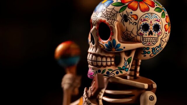 Decorative skull with vibrant floral patterns and a small colorful ball against a dark background