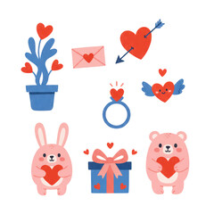 Obraz premium Valentine's Day Vector Set Hearts, Animals, Gifts, Love, Romantic Design Elements