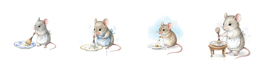 Four anthropomorphic mice with aprons cleaning and eating from plates of seeds isolate