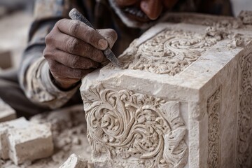 Artisan Carving Intricate Patterns on Stone Block in Workshop