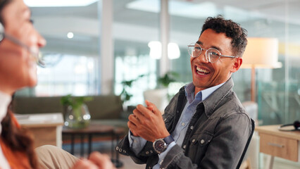 Team, happy and call center with business man in office for customer service, support or consultant. Collaboration, virtual advisor and partners with employees in agency for target on lead generation