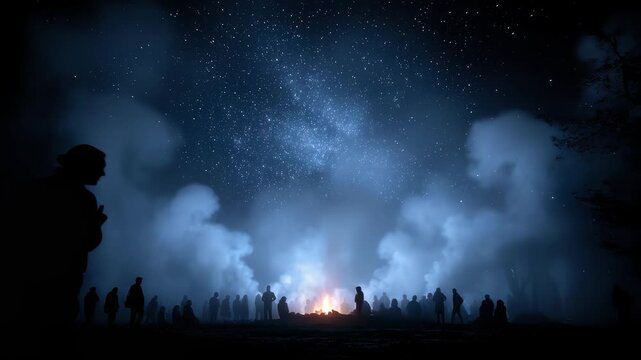 Silhouettes of People Gazing at the Stars by the Bonfire