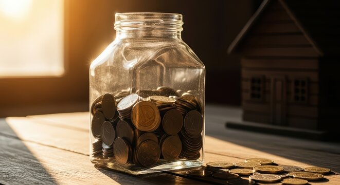 Glass jar filled with coins in sunlit room near wooden house model