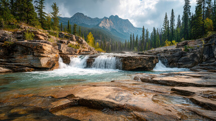 Serene mountain river cascading over rocky ledges surrounded by pine trees with a stunning backdrop of towering peaks under a partly cloudy sky