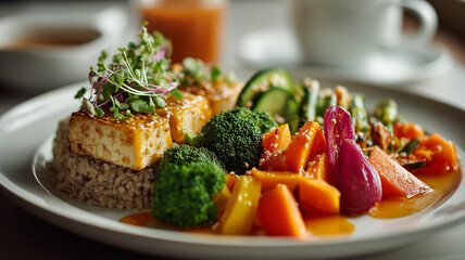 vibrant plate of healthy food featuring grilled tofu on brown rice, surrounded by fresh broccoli, carrots, and zucchini, garnished with microgreens and flavorful sauce