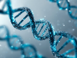 Detailed visual representation of a futuristic dna double helix structure glowing with blue light particles in a scientific and technological background environment