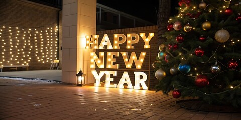 Illuminated happy new year sign glows warmly beside a decorated christmas tree creating a festive holiday atmosphere at night