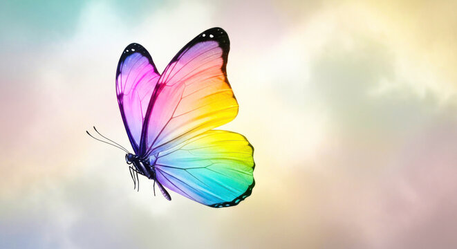 Vibrant rainbow butterfly silhouette against a softly blurred pastel background
