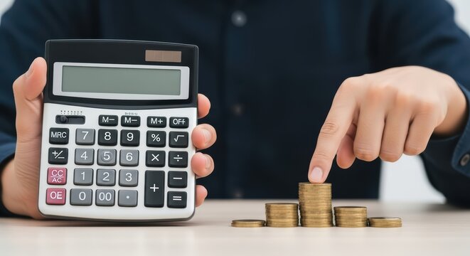 Person calculating savings with coins and calculator on desk