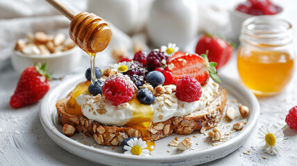delicious breakfast scene featuring toast topped with creamy yogurt, fresh berries, and drizzle of honey, surrounded by nuts and flowers on white plate