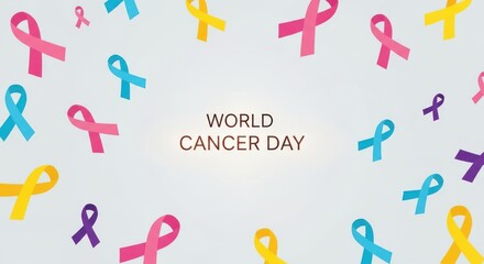 Colorful awareness ribbons in various colors like pink, blue, yellow, and purple floating on a light background, symbolizing world cancer day