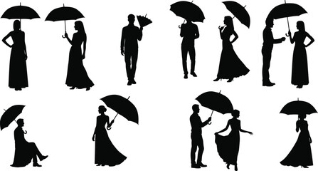 Umbrella silhouette, human interaction, standing pose, walking figure, seated person, gesture motion, black outline, white background, rain protection, companionship
