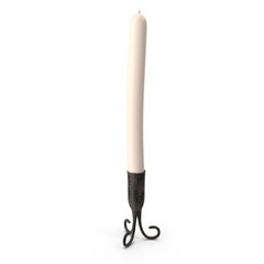 single tall candle standing in metal candlestick