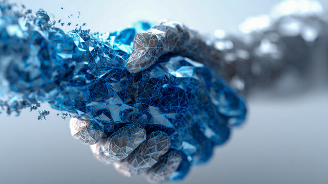 Abstract digital handshake between two polygonal robotic hands symbolizing technology partnership, virtual cooperation, and futuristic business collaboration concept