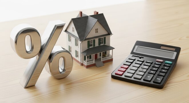 House model with calculator and percentage sign on wooden table