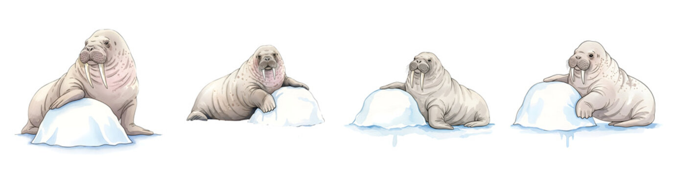 Four walruses resting on ice floes in a polar environment isolated arctic