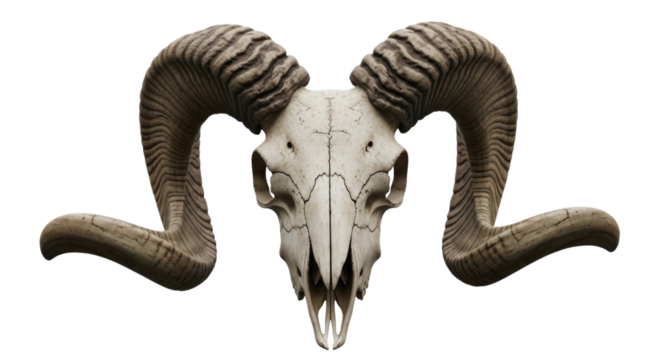 Ram skull with large curled horns transparent background cutout png