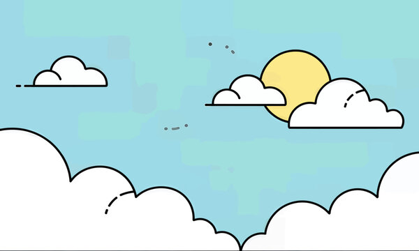 Cartoon clouds and sun in a blue sky, simple flat design