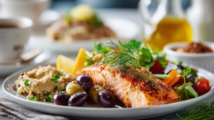 delicious plate of grilled salmon garnished with fresh dill, served with side of quinoa salad, olives, and mixed greens, creating vibrant and healthy meal setting