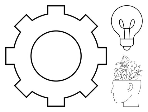 Gear represents process, light bulb signifies ideas, and head with blooming flowers symbolizes creativity. Ideal for innovation, problem-solving, design, growth, mental health, education