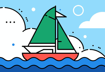 Naklejka premium Colorful sailboat illustration, flat design, ocean scene
